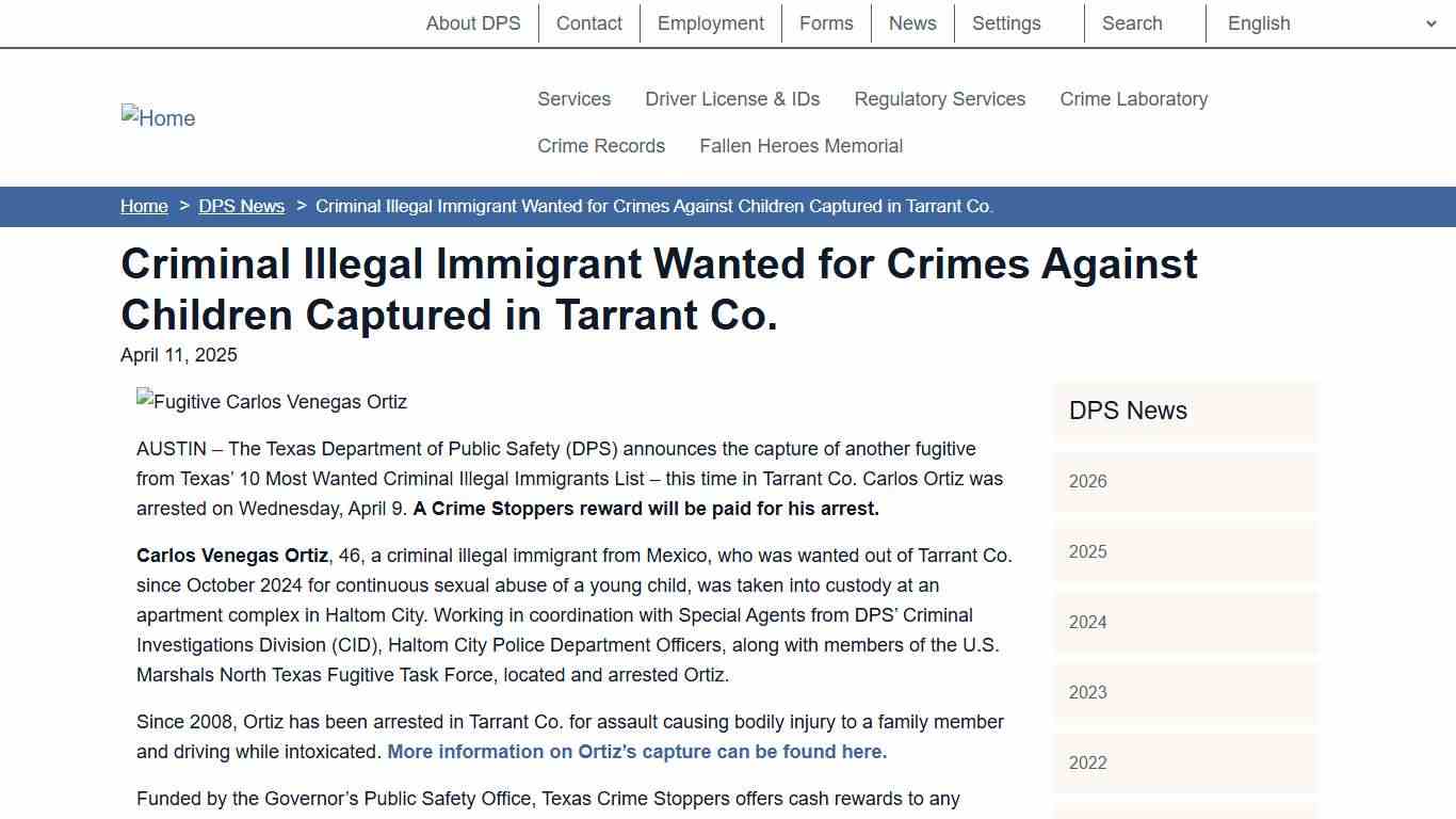 Criminal Illegal Immigrant Wanted for Crimes Against Children Captured in Tarrant Co. Department of Public Safety